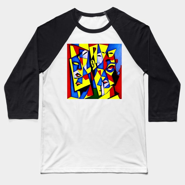 featured on deviantart, cubism, defined facial features, three heads, complementary colourhree colors, parallelism, close-up print of fractured, drawings Baseball T-Shirt by Psychedeers